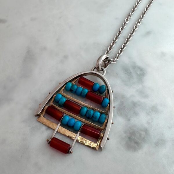 Ladder pendant with carnelian and turquoise with 9ct yellow gold