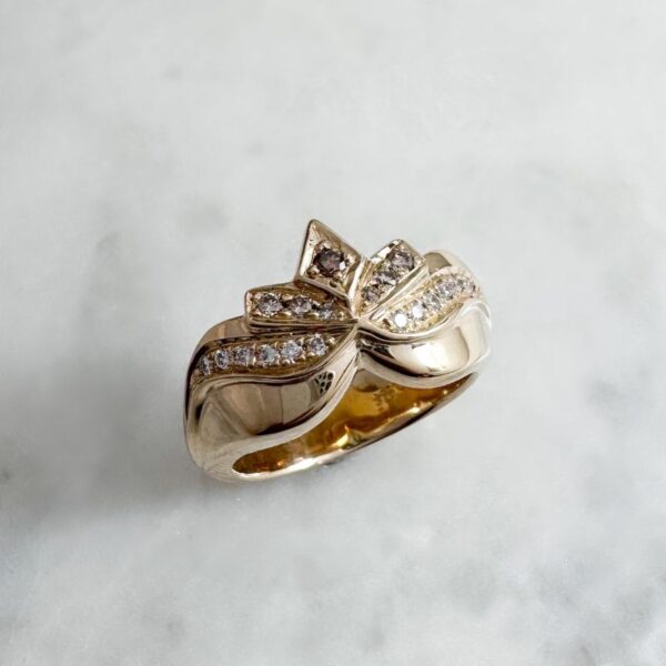 Sculpted 9ct yellow gold baby lotus ring featuring champagne and white diamonds