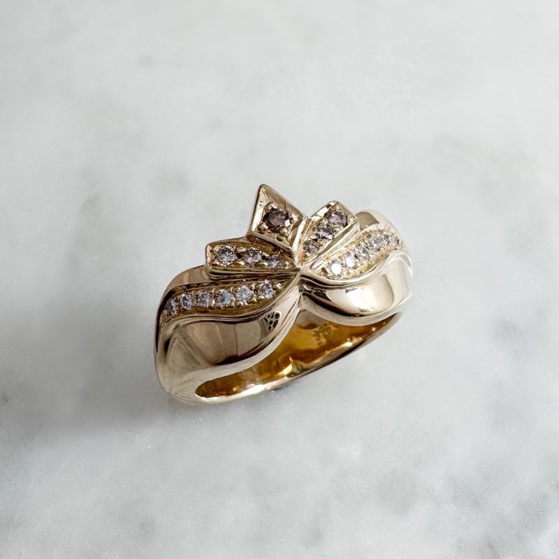 Sculpted 9ct yellow gold baby lotus ring featuring champagne and white diamonds