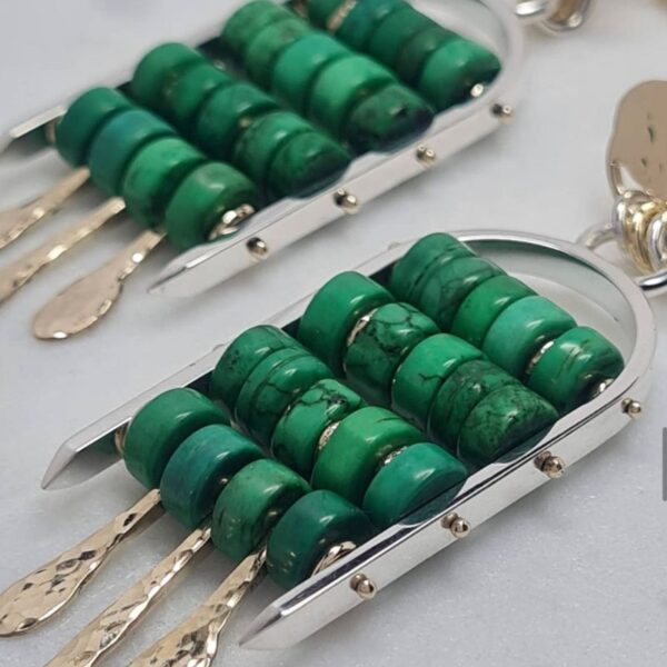 Large ladder earrings with green howlite and 9ct yellow gold