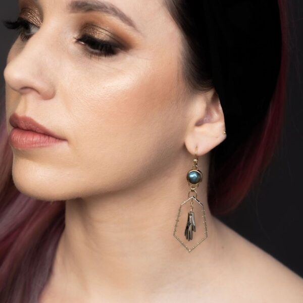 oracle earrings featuring labradorite gemstones, intricate frames with symbolic hands and black diamond