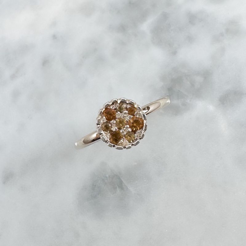 The Petite Galaxy ring, wear alone or stacked with other favourites. Solid 9ct yellow gold, featuring citrine gemstones of different sizes and shades.