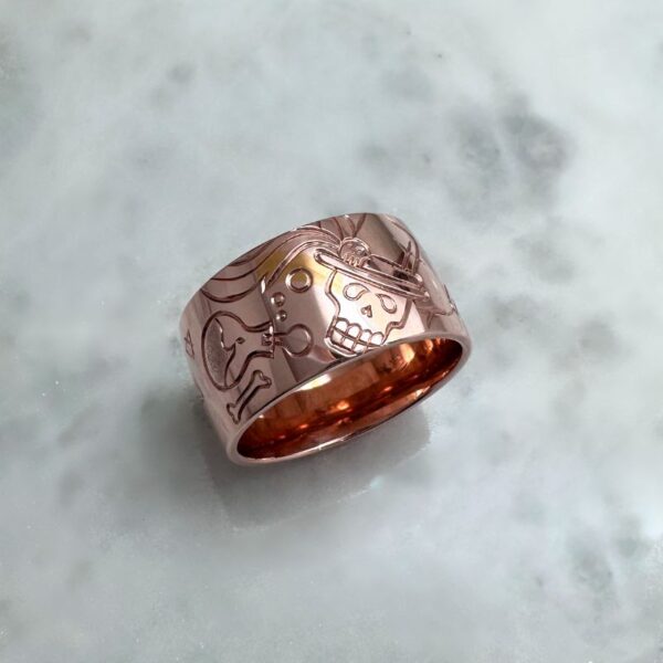 Wide 9ct rose gold flat band with hand engraved voodoo markings