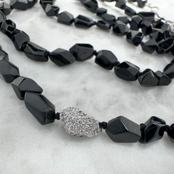 juju gems jewellery black spinel bead necklace with a feature 18ct white gold diamond set bead