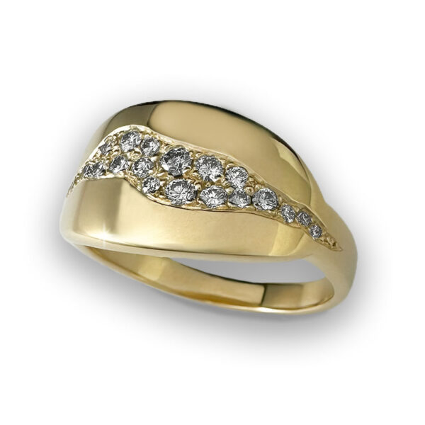 gold ring with wide but flat profile set with a cluster of diamonds in a Milky Way galaxy inspired design